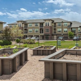 a garden area with a fence and buildings in the background