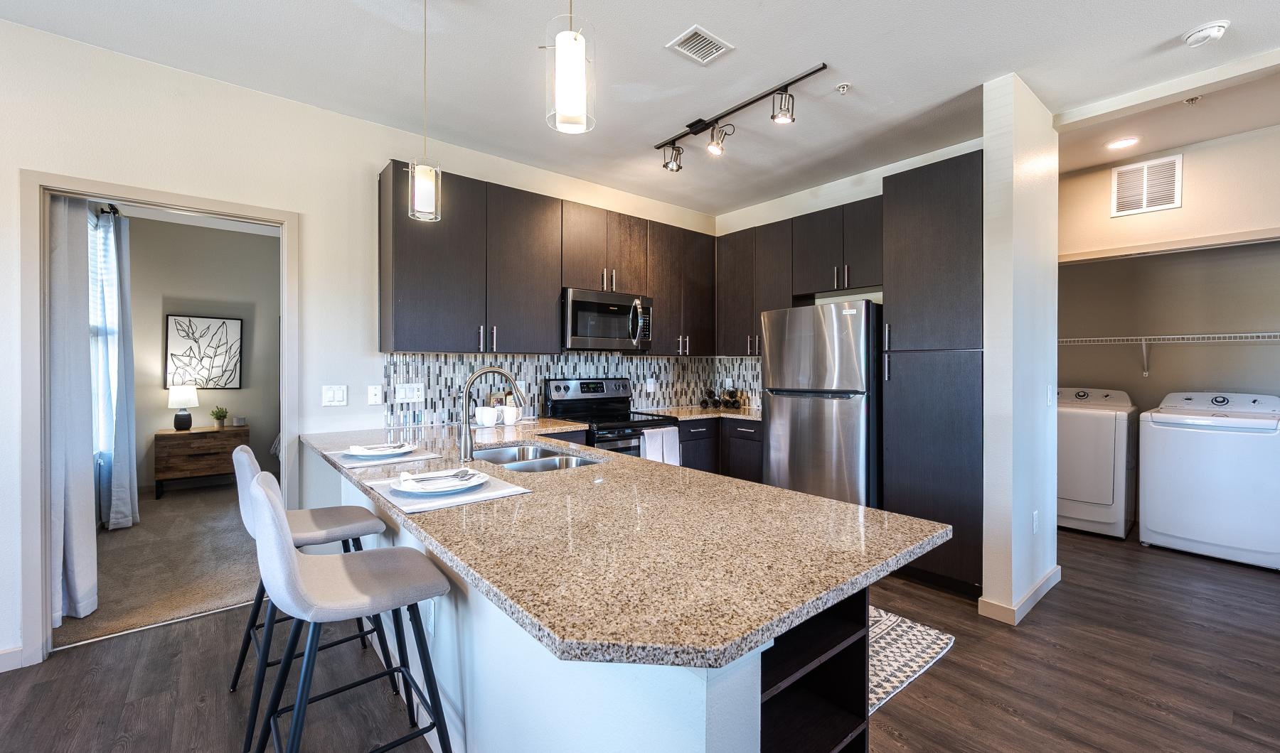 a kitchen with a large island